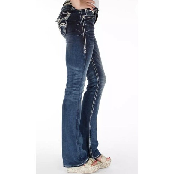 Rock Revival Etty Bootcut Jeans Women's Stretch Embroidered Rhinestone 25 - Picture 2 of 7